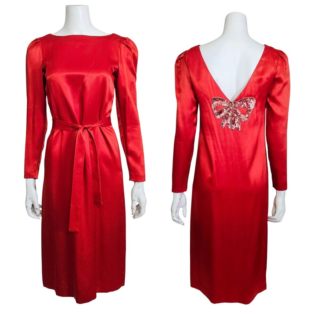 Vintage Bonwit Teller Red Satin Cocktail‎ Dress Sequin Bow Open Back Size 4 USA